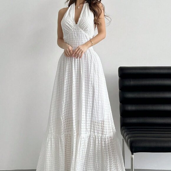 White Sexy Women's Romantic Date Halter Neck Plaid Dress - Picture 1 of 5